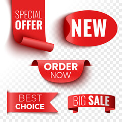 Canvas Print - Best choice, order now, special offer, new and big sale banners. Red ribbons, tags and stickers on transparent background. Vector illustration.