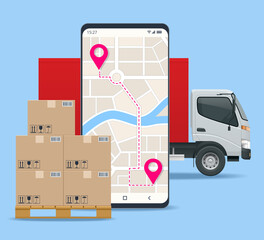 Wall Mural - Delivery truck with cardboard box, mobile phone. Delivery service via modern technology. Tracking system. Mobile App.