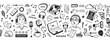 © AllNikArt - Podcast Show Equipment and Items Seamless Banner. Vector Border Pattern with Hand Drawn Doodle Man and Woman Speaking in Microphone. Workplace of Radio Host or Blogger.