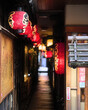 Selective focus on the first of a line of red paper lanterns leading into a dimly lit covered alley in central Osaka