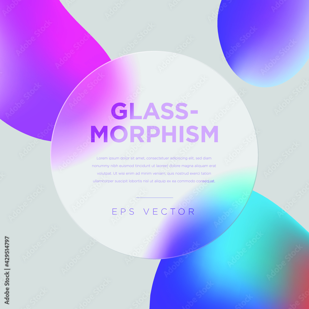 Liquid abstract shapes on background. Transparent round shape in glass morphism or glassmorphism style. Transparent and blurred circle. Vector illustration.