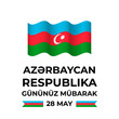 © Vera - Azerbaijan Republic Day lettering in Azerbaijani language with flag isolated on white. National holiday celebrated on May 28. Vector template for typography poster, banner, greeting card, flyer, etc