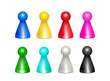 Spielfigur, stehende Spielfiguren, Spielsteine, Halmakegel, Halmafigur, Pöppel  
Figuren aus Kunststoff für Gesellschaftsspiele, 
Vektor illustration isoliert auf weißem Hintergrund 
