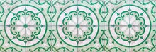 Panorama Of Vintage Antique White And Green Ceramic Tile Pattern Texture And Seamless Background