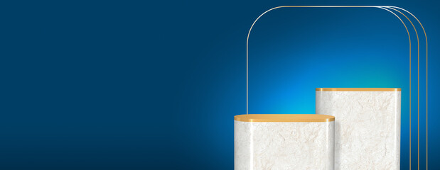 Aufkleber - Two cylinder marble product display stand podium with gold metal on top and golden bar on blue wall background.Banner mockup space for display of product design for online advertise.3d rendering