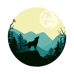 silhouette of a wolf on a background of forest and mountains in a circle. vector. sillouette. eps. flat style