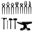 Illustration of blacksmith pliers, hammers, anvils. Design element for logo, label, sign, emblem, poster. Vector illustration