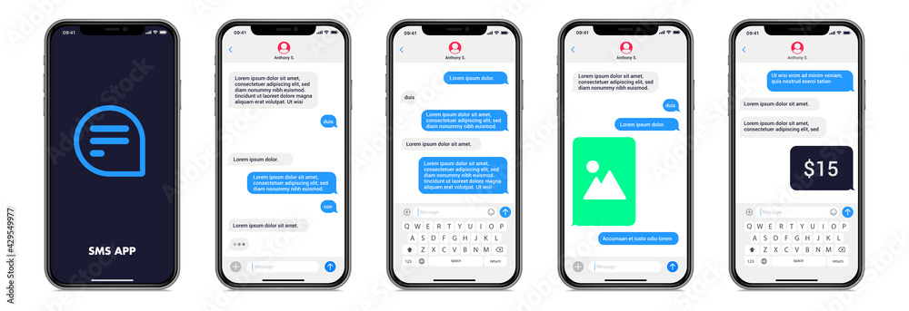 Mobile chatting sms app template bubbles. Chat messages composer. Isolated smartphone mockup with bubbles,, text, image, payment on white background. Modern vector illustration. - obrazy, fototapety, plakaty 