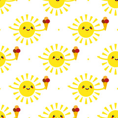 Wall Mural - Cute cartoon smiling sun character holding ice cream cone in hand vector seamless pattern background 

