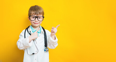 Positive cute child boy doctor indicating with forefinger empty space showing best low prices. Wears medical uniform isolated yellow color background