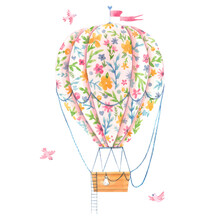 Beautiful Image With Cute Watercolor Hand Drawn Air Baloon With Gentle Flowers. Stock Illustration.