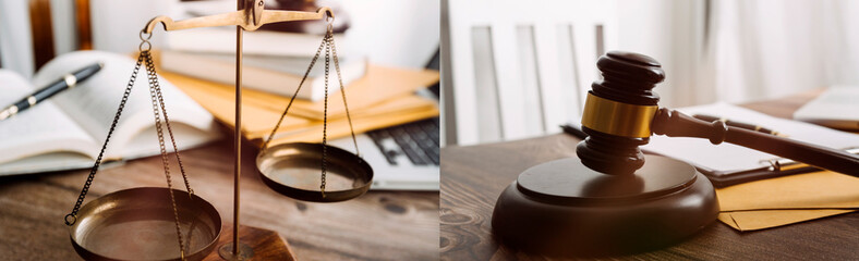 Justice and law concept.Male judge in a courtroom with the gavel, working with, computer and docking keyboard, eyeglasses, on table in morning light