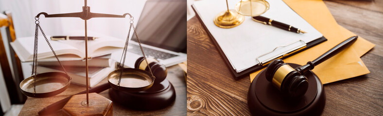 Justice and law concept.Male judge in a courtroom with the gavel, working with, computer and docking keyboard, eyeglasses, on table in morning light