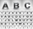 Iron alphabet on white background. 3D letters numbers and font symbols with gloss metal texture.