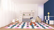 © MIlena - Modern kids bedroom interior design with wooden two tier bed and commode, white, pink blue, table with chairs, space saving solution, children toys and books, 3D rendering, 3D illustration.