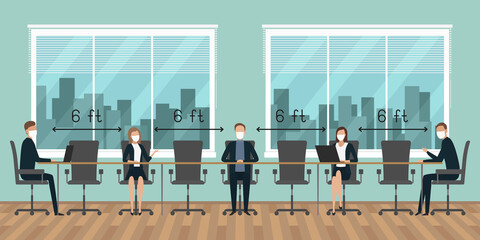 Wall Mural - Social distancing 6 feet in office. Employees working in masks. Vector illustration.