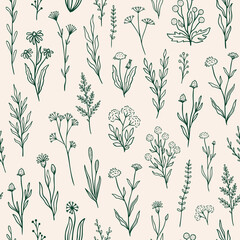 Wall Mural - Wildflower seamless pattern with outline florals. Retro style print design with hand drawn doodle flowers in rustic colors. Simple field floral patterns for packaging, fabric design