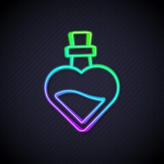 Glowing neon line Bottle with love potion icon isolated on black background. Valentines day symbol. Vector