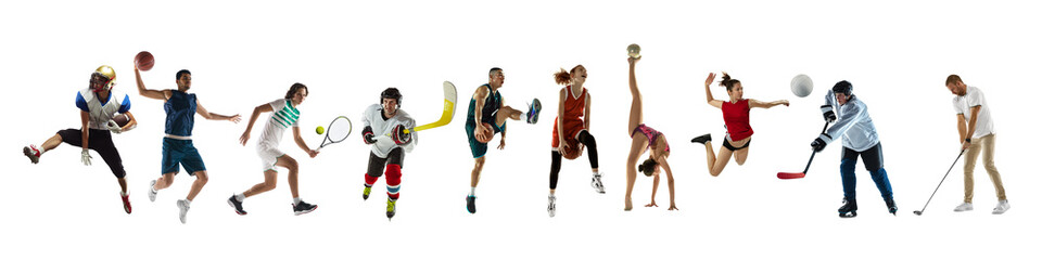 Collage of different professional sportsmen, fit people in action and motion isolated on white background. Flyer.