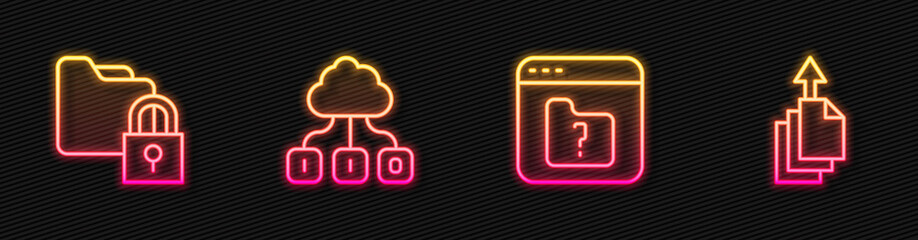 Poster - Set line File missing, Folder and lock, Cloud technology data transfer and Data export. Glowing neon icon. Vector