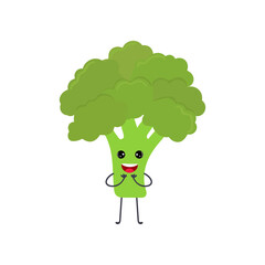 Wall Mural - Cartoon broccoli with cute face. Illustration with funny and healthy food. Isolated on white background. Vegan concept