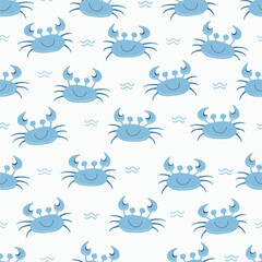 Wall Mural - Seamless cute blue crab pattern, cartoon hand drawn animal doodles. Vector illustration background. Funny crabs with waves.