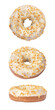 Glazed crumb donut with nuts shot from three angles isolated on a white background. Delicious baked goods.