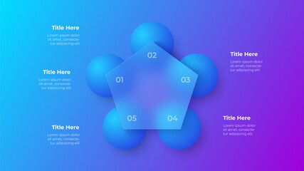 Aufkleber - Glassmorphism pentagon infographic concept with 3d geometric shapes. Frosted glass effect. Illustration on blurred gradient vector background