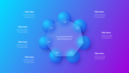 Aufkleber - Glassmorphism heptagon infographic concept with 3d geometric shapes. Frosted glass effect. Illustration on blurred gradient vector background