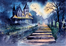 Watercolor Illustration Of A Gothic Manor House With An Abandoned Garden, A Metal Fence With A Gate And An Old Cemetery With Old Tombstones
