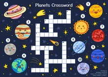 Solar System Crossword Puzzle With Cute Planets. Space Activity Page For Kids. Educational Sheet For School And Preschool. Vector Illustration