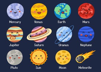 Cute planet set in cartoon style. Solar System poster for kids. Space collection with smiling planet faces. Mercury, Venus, Earth and more. Vector illustration