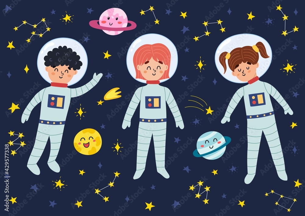 Vector de Stock Space kids in suits and helmets. Cute children ...