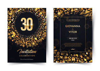 Wall Mural - 30th years birthday vector black paper luxury invitation double card. thirty years wedding anniversa
