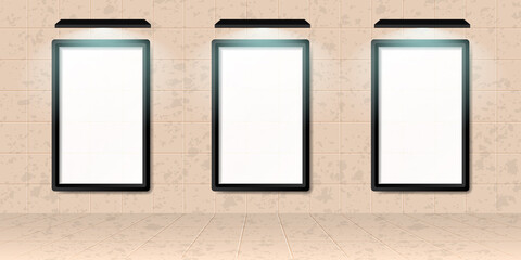 Poster - Three Realistic White Poster Mockup on the wall. Empty White Vector Poster Template with Shadow Effect. 3D Illustration.