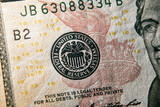 Fototapeta  - Close up macro shot of federal reserve stamp on the US dollar bill
