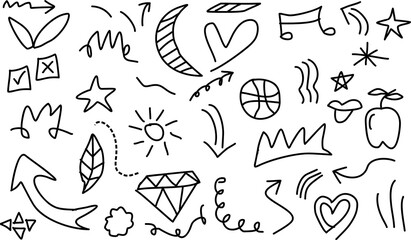 Poster - Hand drawn elements set, Abstract arrows, ribbons, hearts, stars, crowns elements in a hand drawn style for concept designs. Scribble illustration vector