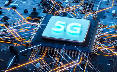 Poster - 5G technology chip processor background circuit board communication technology high-speed mobile Internet, new generation networks. Business, modern technology, internet and networking concept.