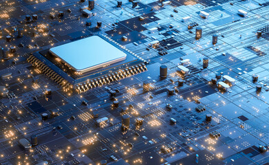 Fototapete - Concept future electronic circuit board with processor close up.