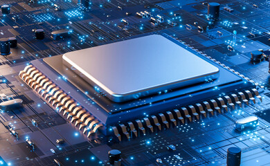 Fototapete - Closeup of electronic circuit board with CPU microchip electronic components futuristic big data connection technology concept .