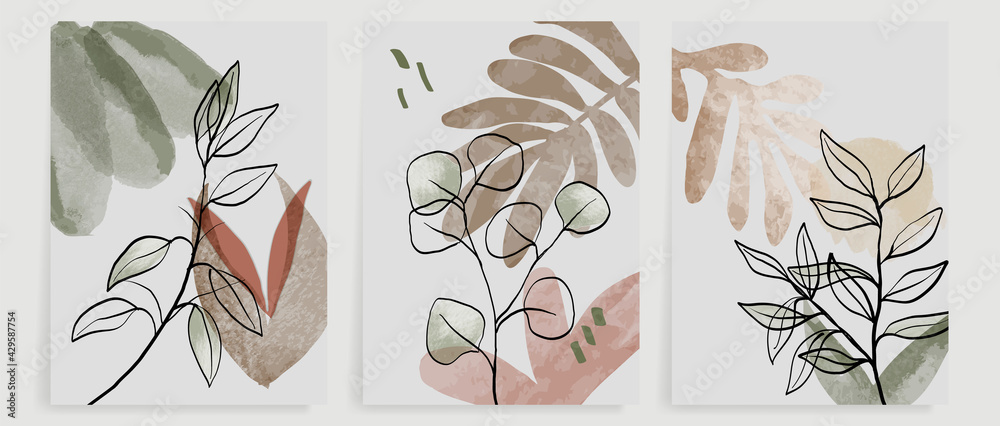 Botanical wall art vector set. Water color boho foliage line art ...