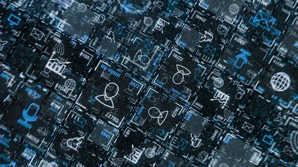 Aufkleber - Background of neon cells. Animation. Bright electronic cells with business-themed images. Business badges in electronic form