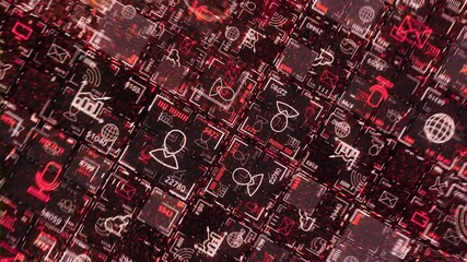 Poster - Animation of electronic cells. Animation. Lots of colored cells with business-themed images. Electronic icons with symbols and images for Internet
