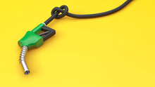 Fuel Pump With Hose Knot. Fuel Sales Limitation Concept. Yellow Background. Copy Space For Text. 3d Render
