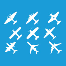 Vector - Black Vector Aircraft Silhouette Icons Showing A Range Of Fixed Wing And Commercial Airplanes From Below.eps

