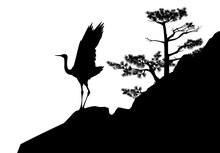 Japanese Crane Bird Standing On Pine Tree Covered Rock Cliff - Black And White Asian Landscape Vector Silhouette Scene