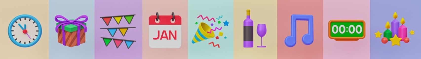 Poster - New Year related icons set. minimal symbols. banner. 3d rendering