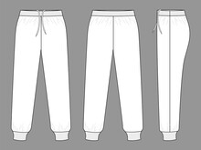 White Tracksuit Pants Template On Gray Background.Front, Back And Side View, Vector File