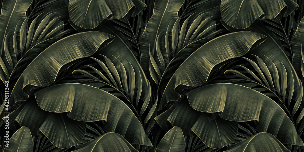 Tropical exotic seamless pattern with golden green banana leaves, palm on night dark background. Premium hand-drawn textured vintage 3D illustration. Good for luxury wallpapers, cloth, fabric printing - obrazy, fototapety, plakaty 