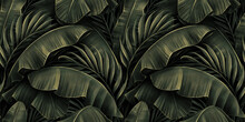 Tropical Exotic Seamless Pattern With Golden Green Banana Leaves, Palm On Night Dark Background. Premium Hand-drawn Textured Vintage 3D Illustration. Good For Luxury Wallpapers, Cloth, Fabric Printing